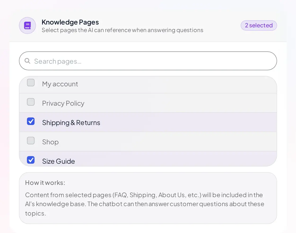 Knowledge Pages checklist with Shipping and Returns and Size Guide checked