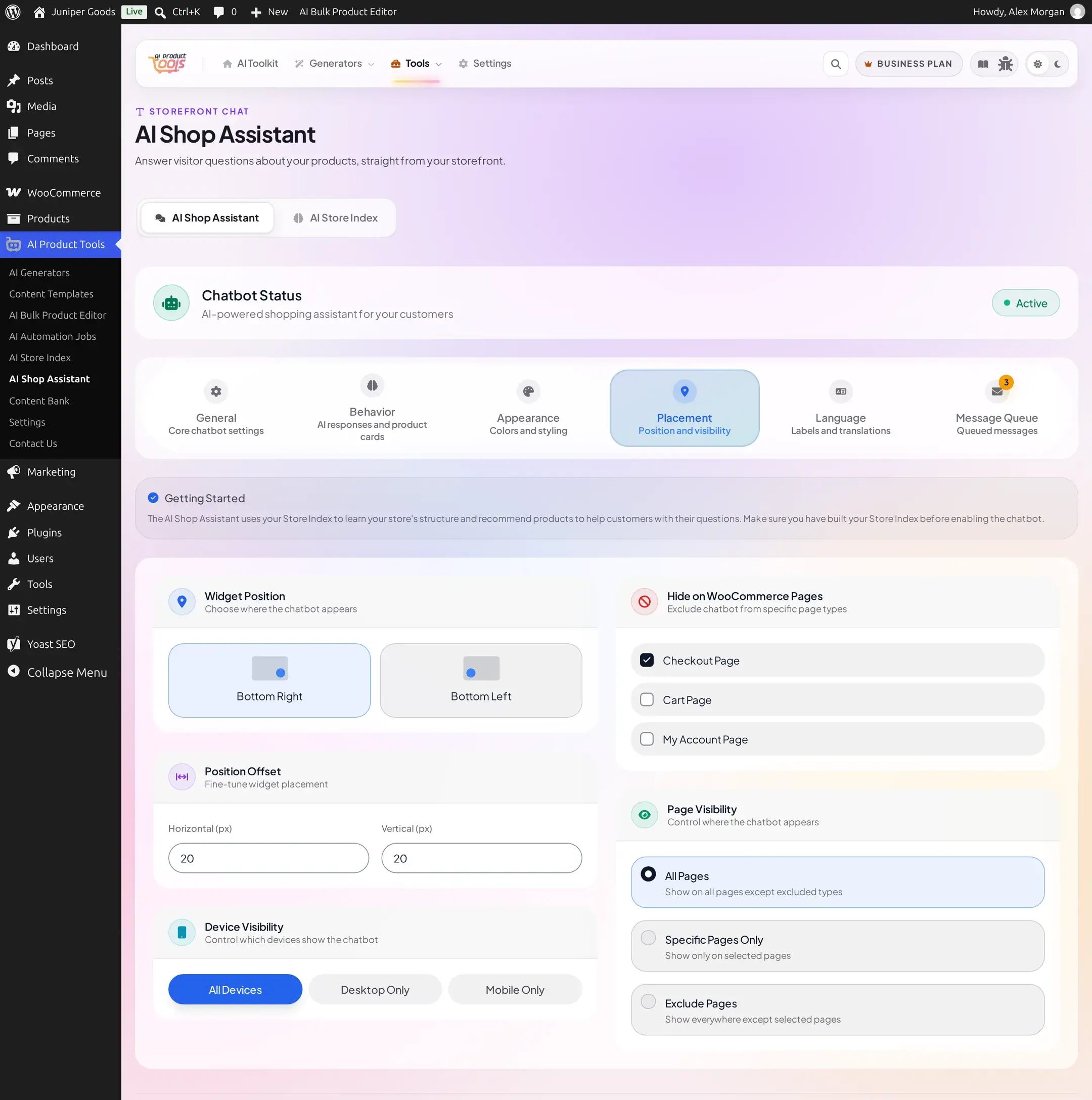Placement tab showing position, offset, device visibility, and page visibility controls