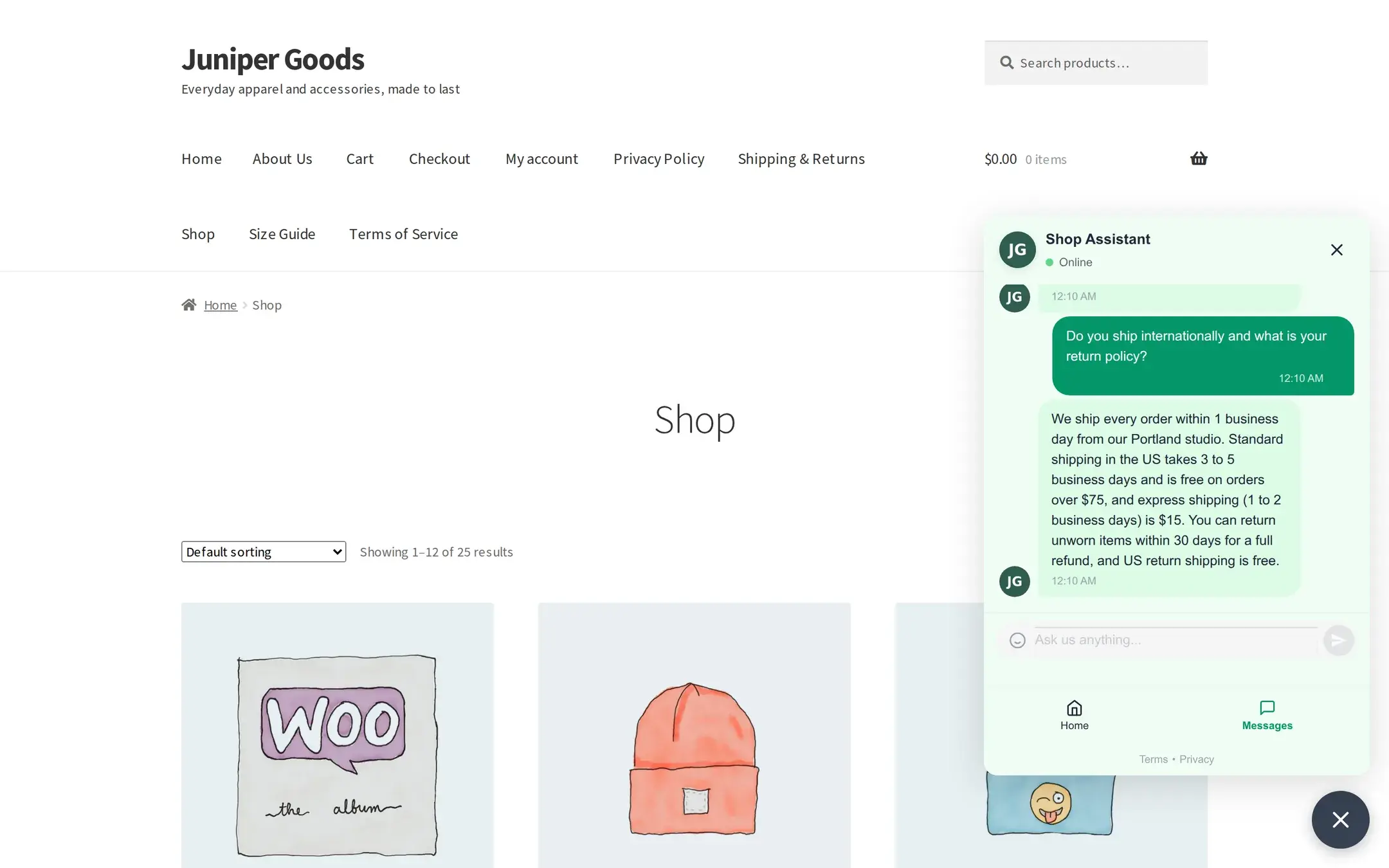 Chat reply answering a shipping and returns question using the store's knowledge pages, with no product cards shown