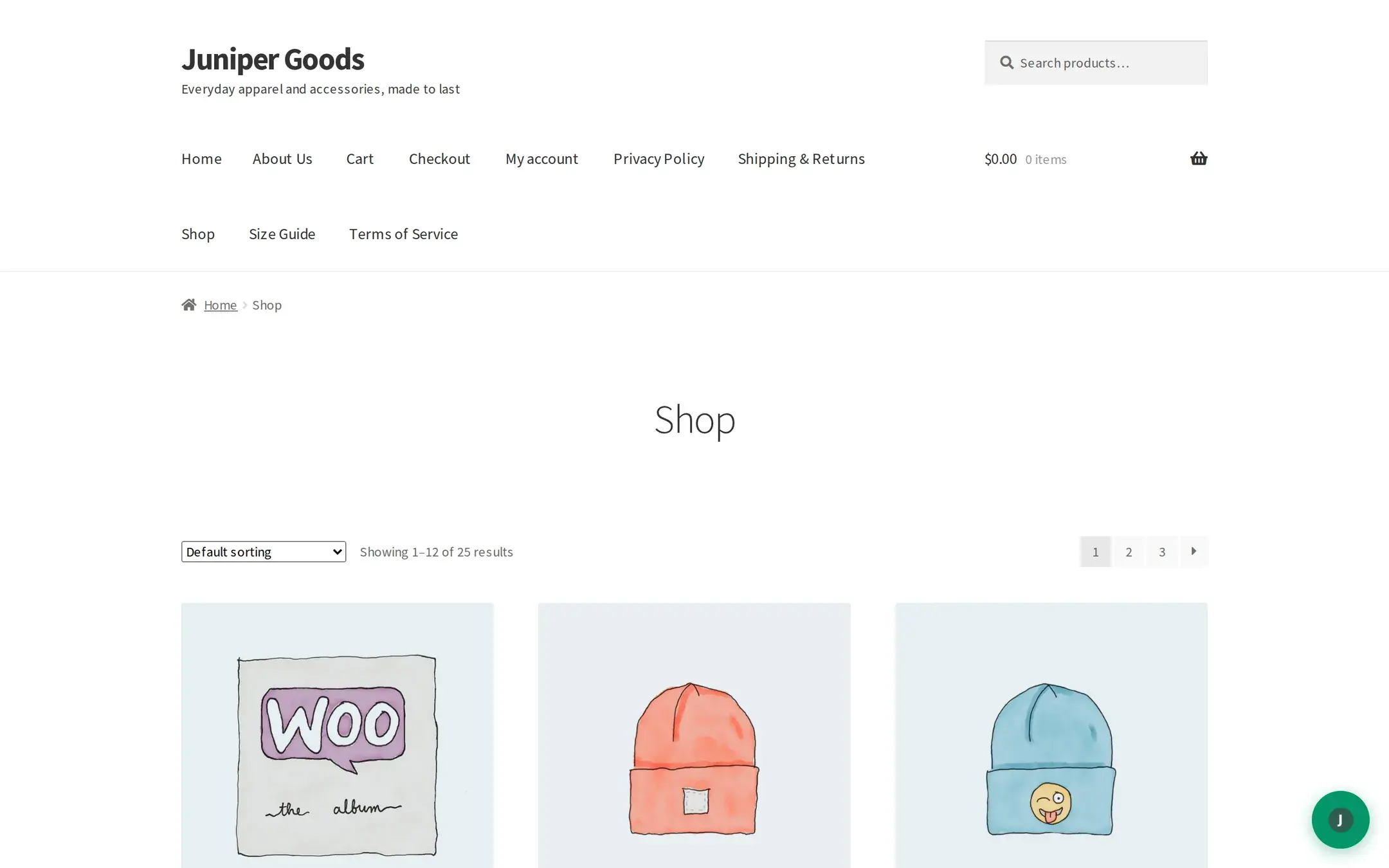 Storefront shop page with the chat launcher button visible in the bottom right corner