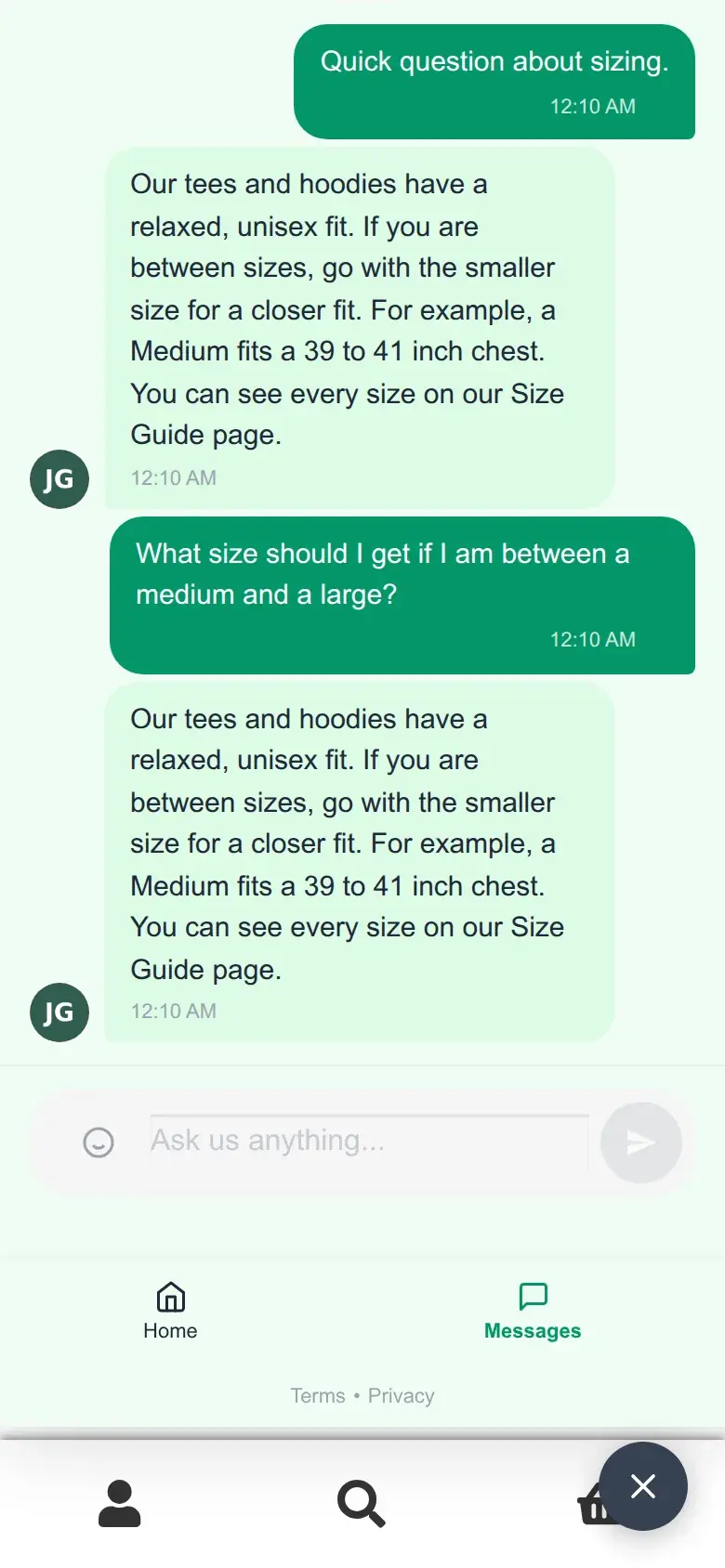 Chat widget open full screen on a narrow mobile viewport