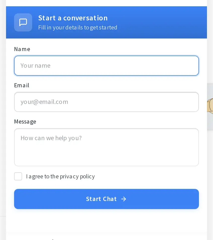 Chatbot pre-chat form with name, email, and message fields and a consent checkbox before the Start Chat button